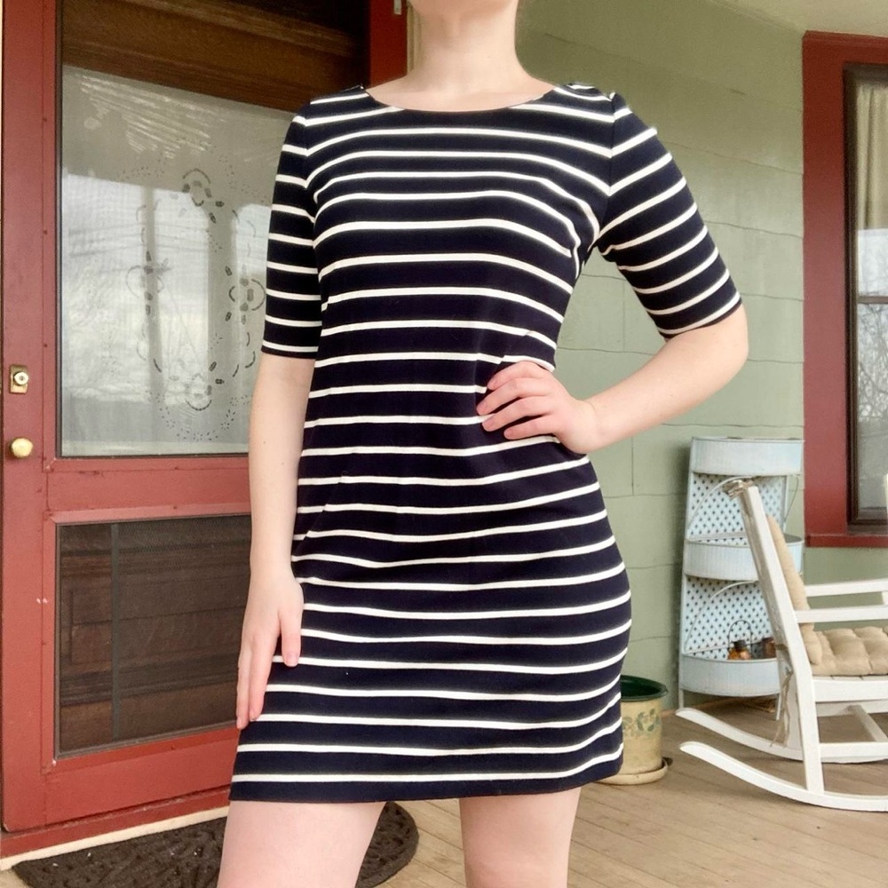 Banana republic, navy, and white striped dress with zipper detail
